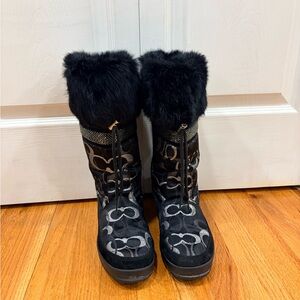 Coach Black and Gray Fur-Trimmed Boots